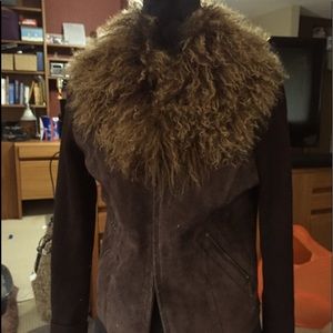 Mongolian lamb fur collar leather and suede brown